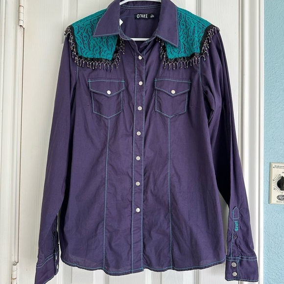 Cruel Girl Tops - Cruel Snap Western Shirt Purple/Turquoise Shoulders, Stitch Long Sleeve Women L